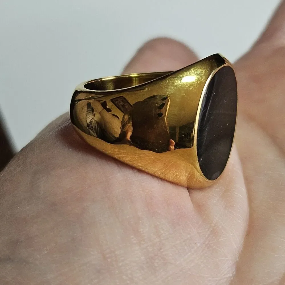 Gold Tone Black Oval Enamel Ring Chunky Size 8 - Picture 2 of 12